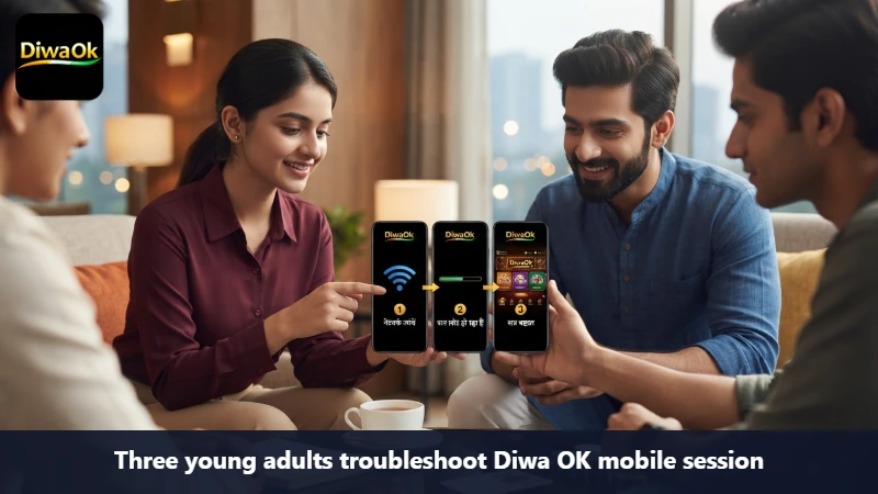 Three young adults troubleshoot Diwa OK mobile session