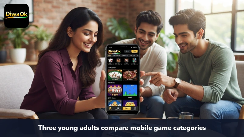 Three young adults compare mobile game categories