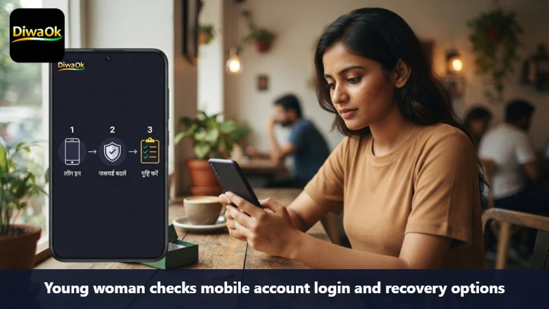 Young woman checks mobile account login and recovery options