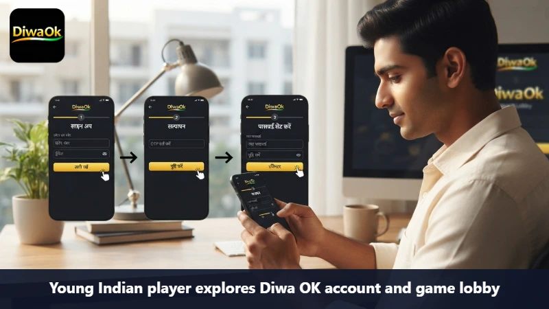 Young Indian player explores Diwa OK account and game lobby
